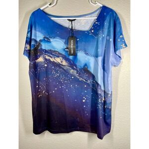 Noracora Blue Marble Print Short Sleeve Jersey Top Womens Size L NWT comfort